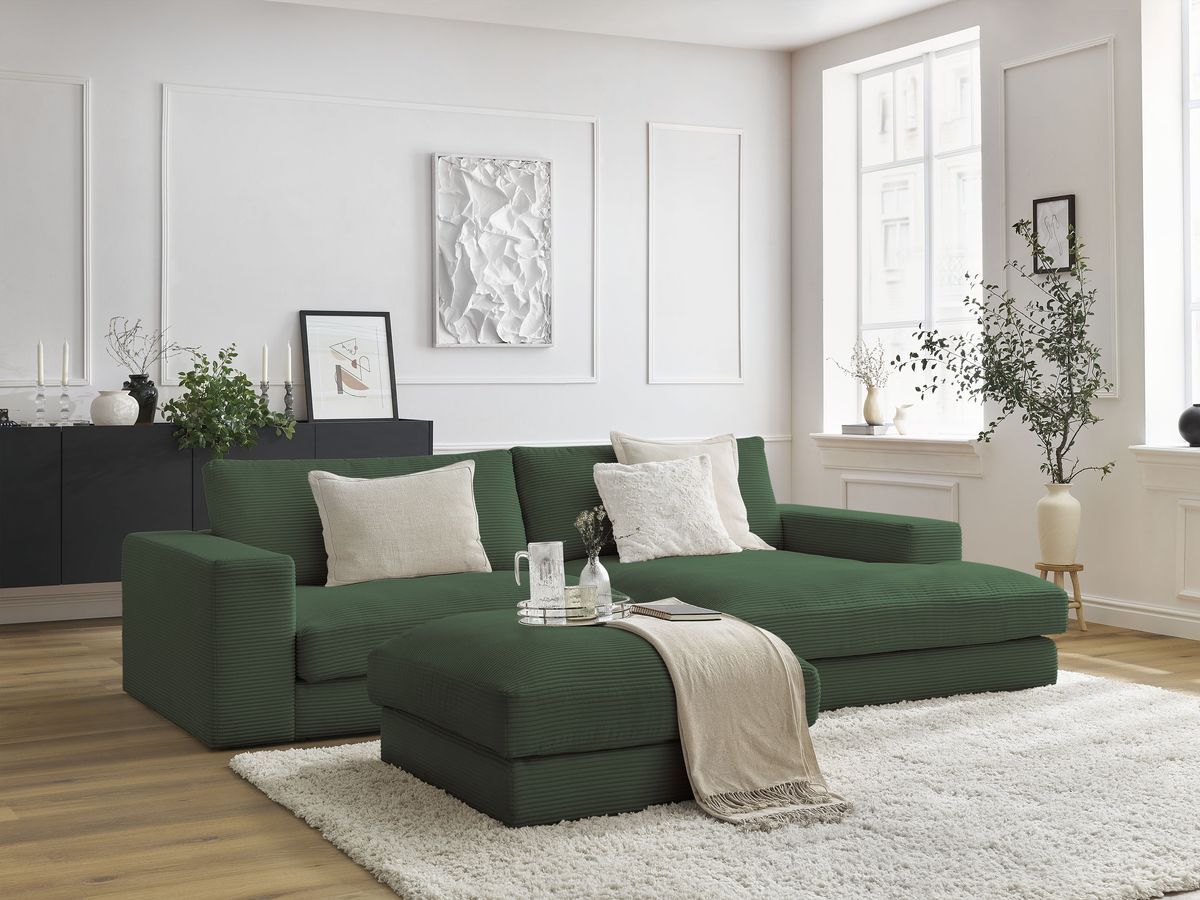 Bobochic Leonard Ecksofa mit Pouf 274 × 159 cm Cordsamt Dunkelgrün Ecke rechts
