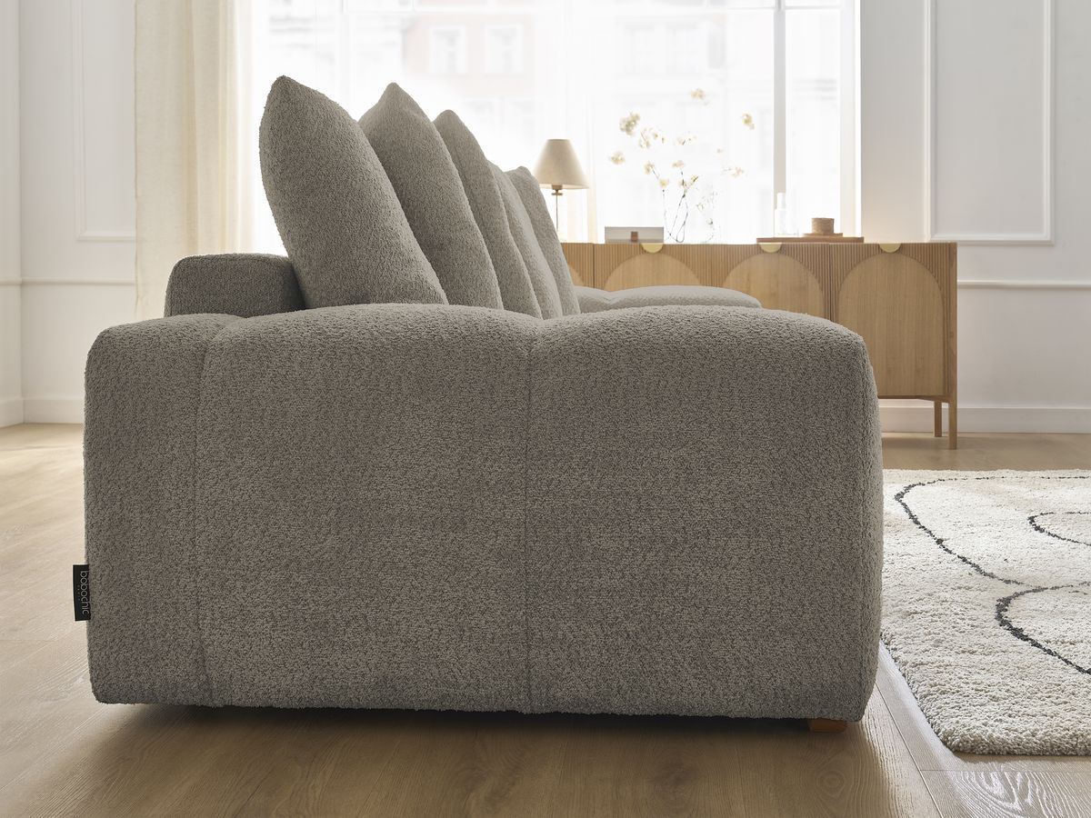 Bobochic Anakin Schlafsofa 3-Sitzer mit Bettkasten, 6 Kissen Bouclé-Stoff Taupe