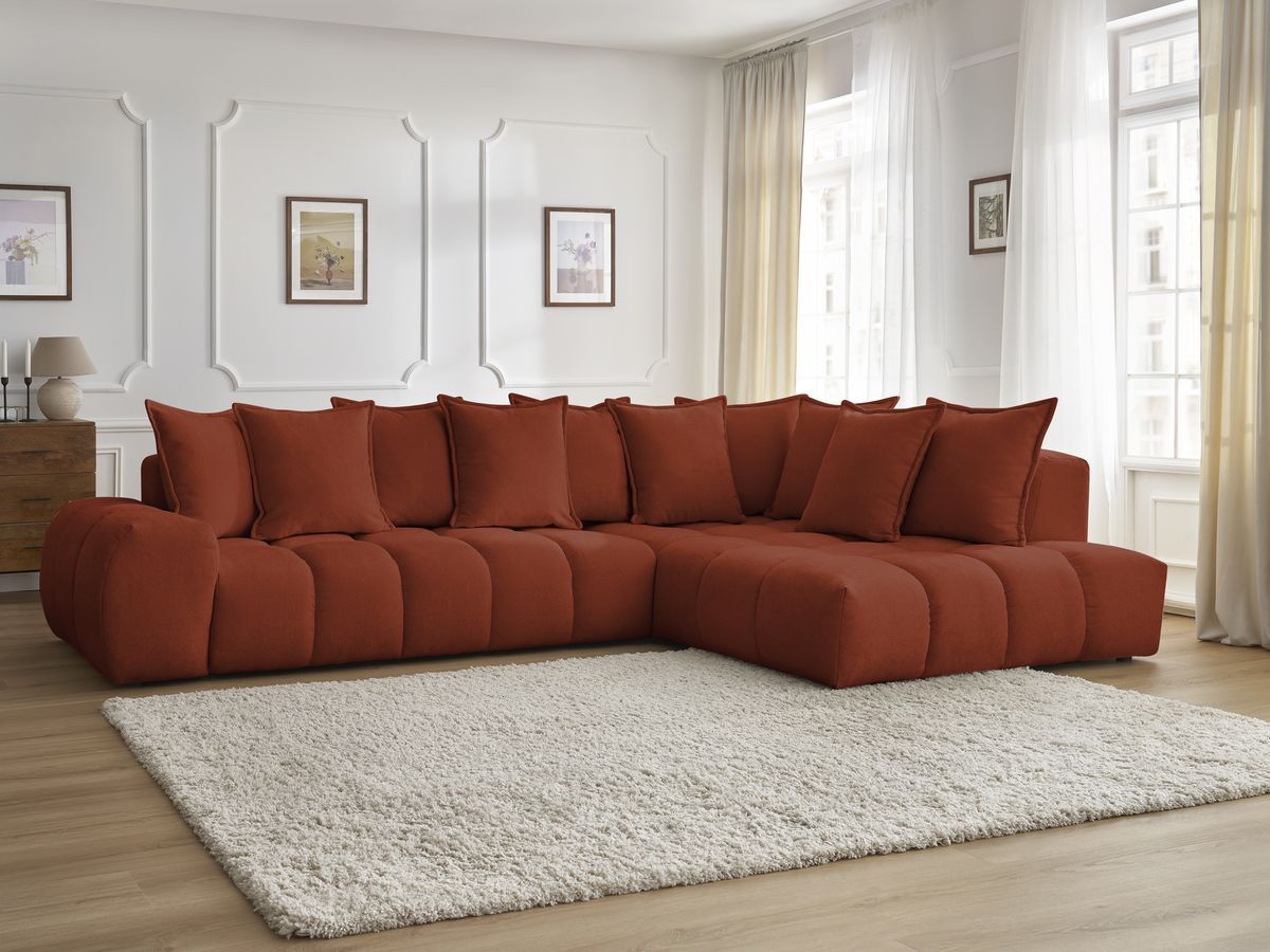 Bobochic Everest Ecksofa, 10 Kissen Strukturstoff Orange Ecke rechts