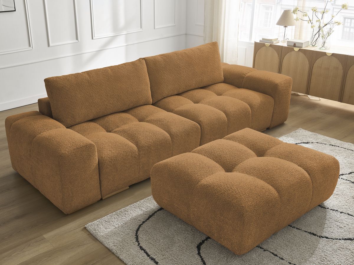 Bobochic Anakin Sofa 3-Sitzer mit Pouf, 2 Kissen Bouclé-Stoff Gelb