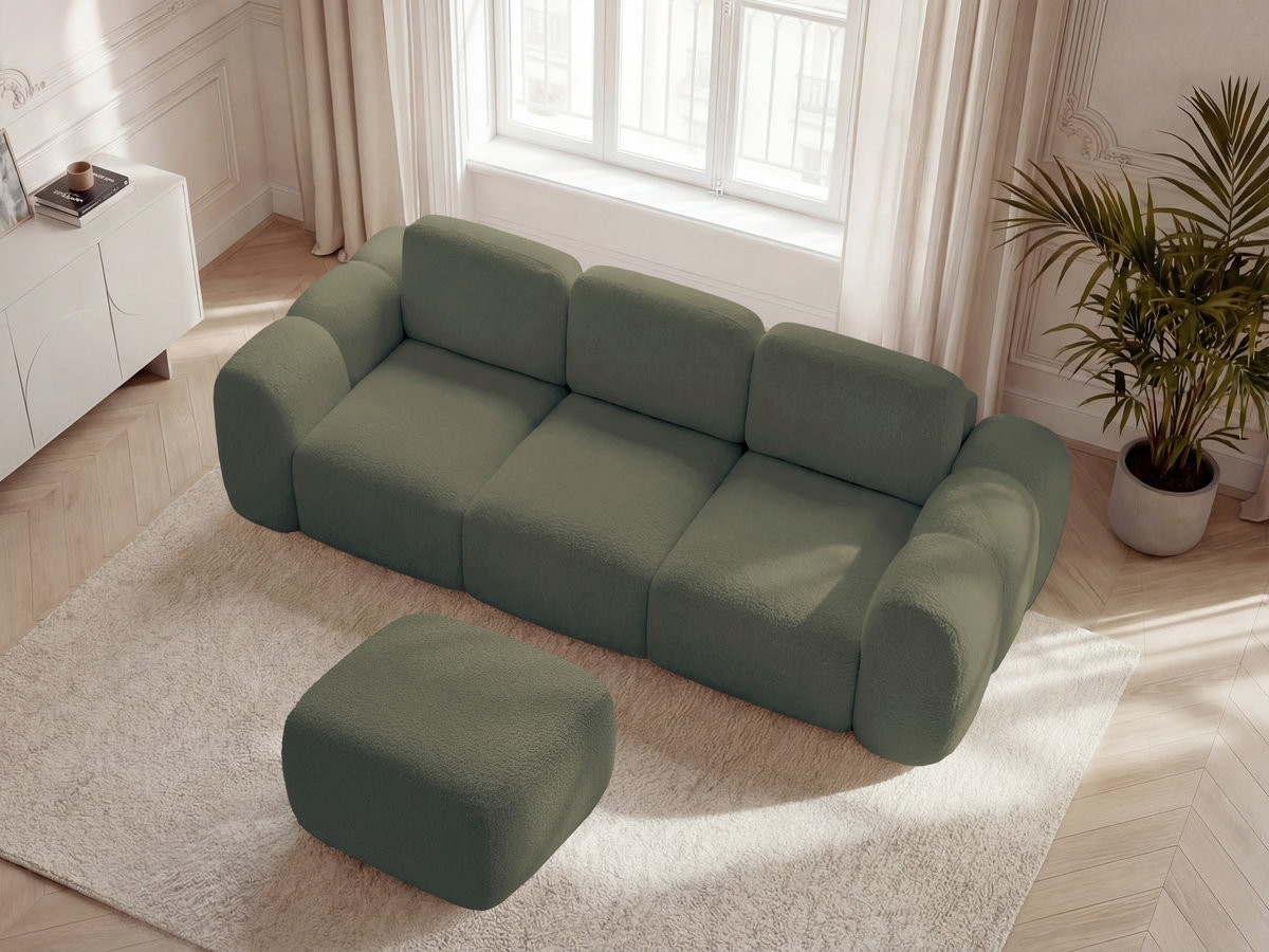 Bobochic Montaigne Schlafsofa 3-Sitzer mit Bettkasten und Pouf Bouclé-Stoff Grün
