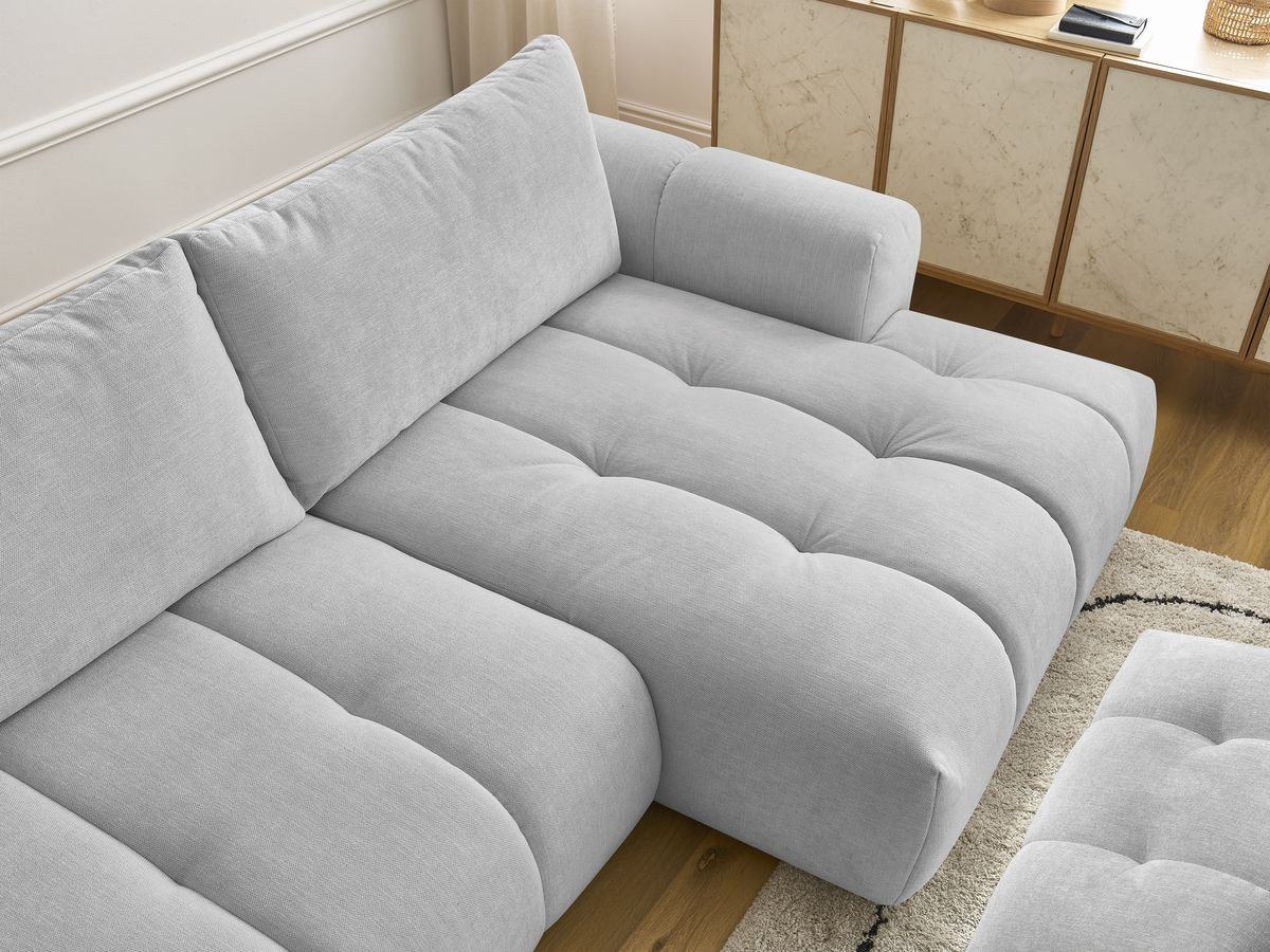 Bobochic Fuji Ecksofa mit Schlaffunktion und Bettkasten und Pouf 292 × 160 cm Stoff Hellgrau Ecke rechts