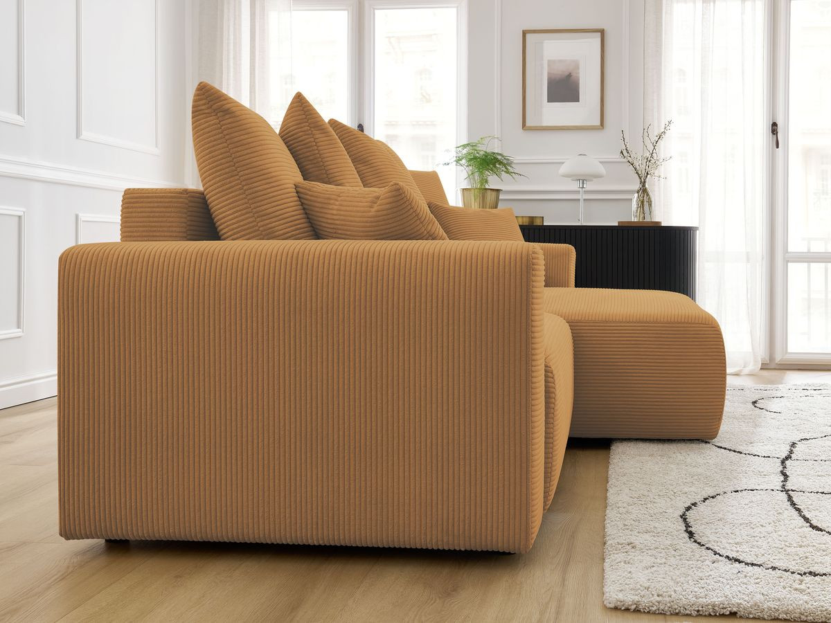 Bobochic Atilla Ecksofa mit Schlaffunktion und Bettkasten Cordsamt Gelb Ecke rechts