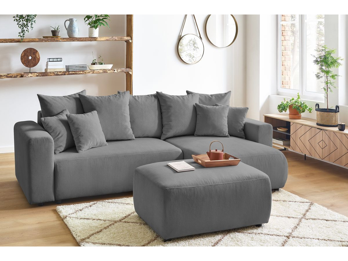 Bobochic Envy Ecksofa mit Schlaffunktion und Bettkasten und Pouf Cordsamt Dunkelgrau