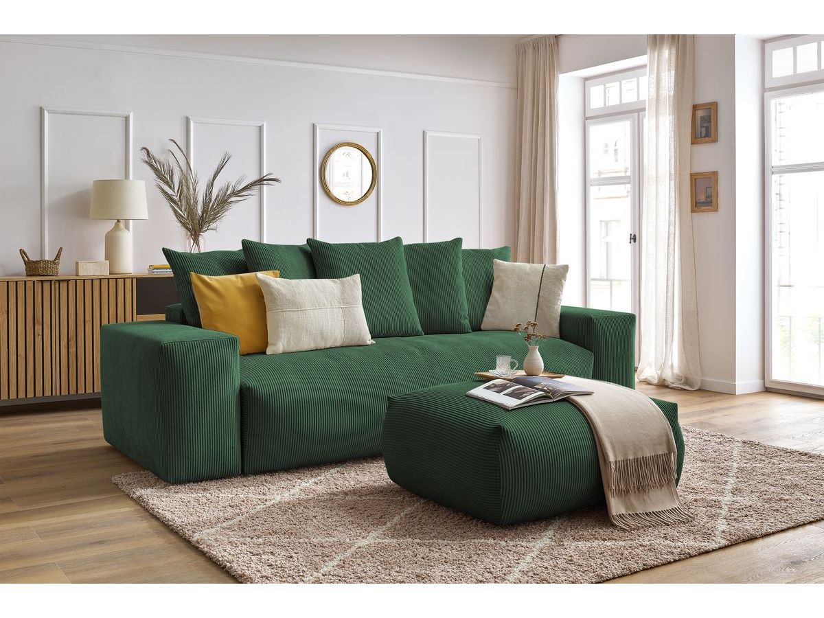 Bobochic Voltaire Schlafsofa 4-Sitzer mit Bettkasten und Pouf Cordsamt Grün