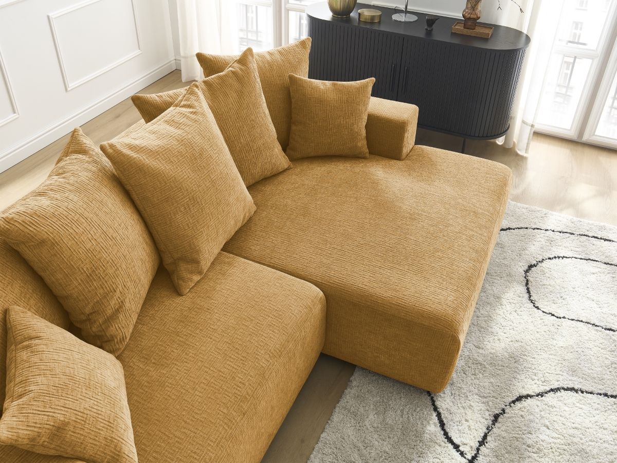 Bobochic Atilla Ecksofa mit Schlaffunktion und Bettkasten Strukturstoff Gelb Ecke rechts
