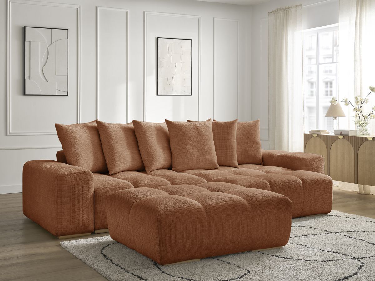 Bobochic Anakin Ecksofa mit Schlaffunktion und Bettkasten und Pouf, 6 Kissen Strukturstoff Orange