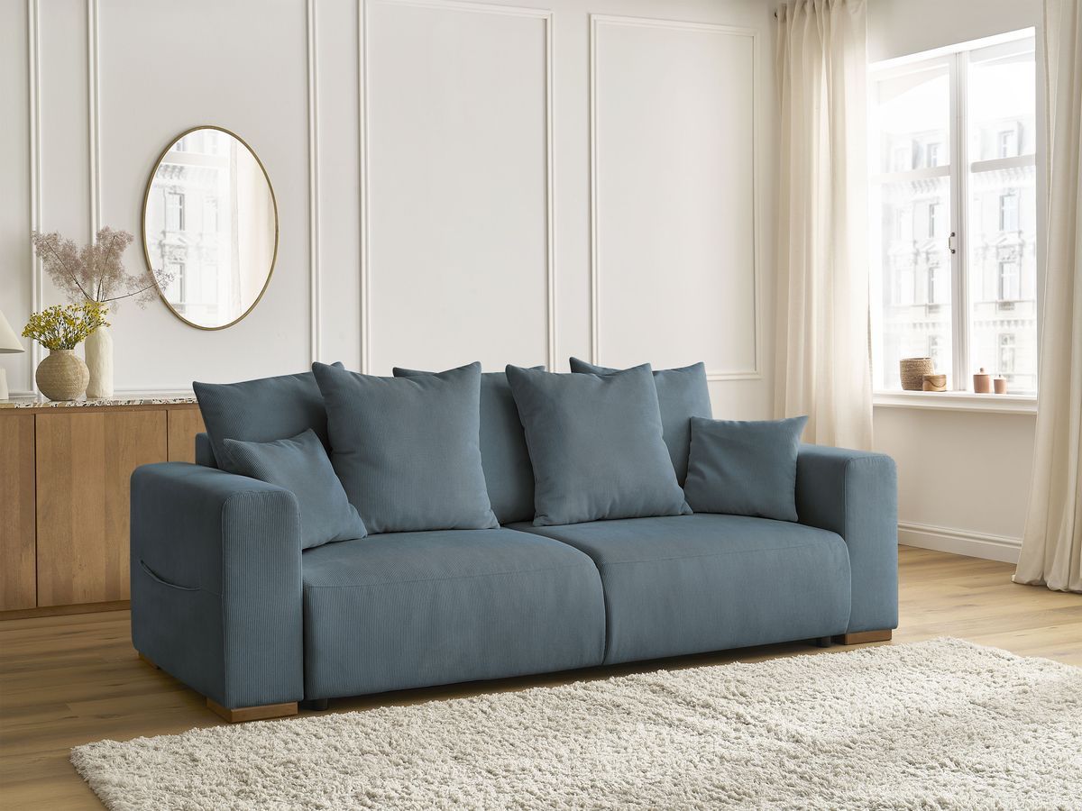Bobochic Sidonie Schlafsofa 3-Sitzer mit Bettkasten Cordsamt Dunkelblau