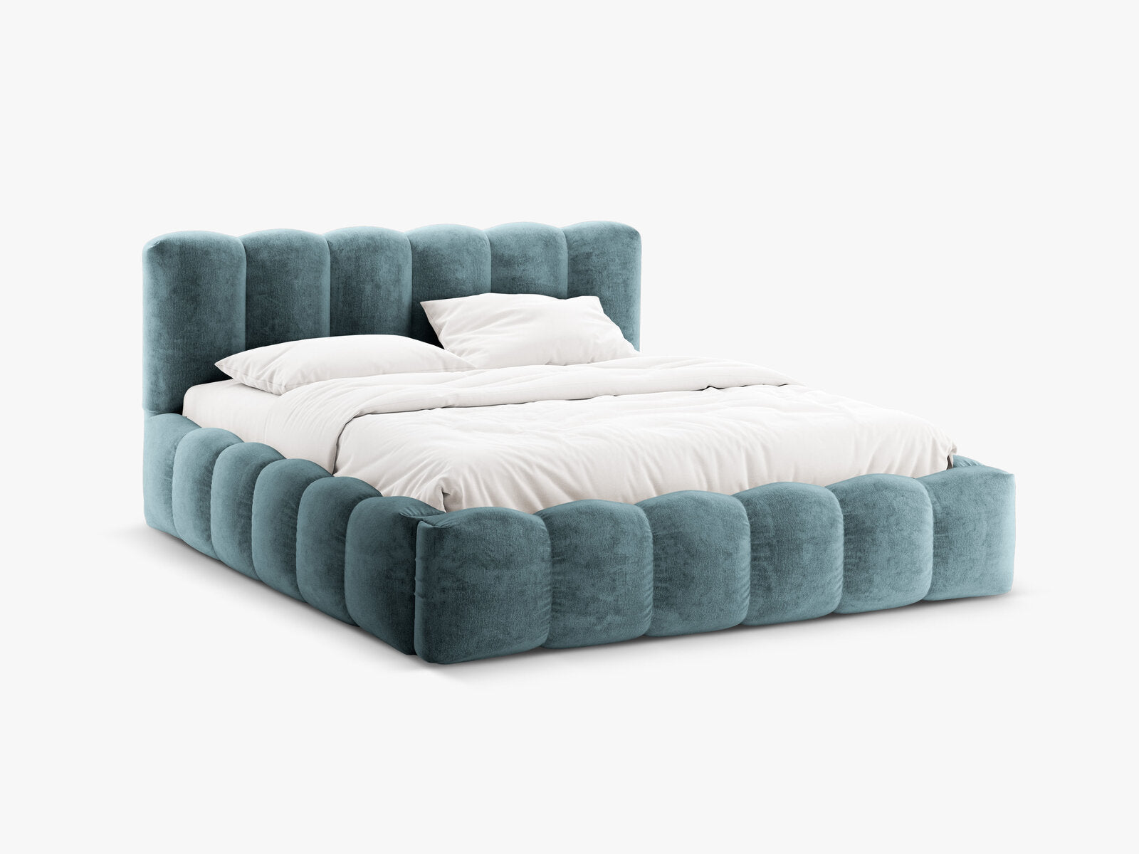 Micadoni Stauraumbett mit Kopfteil Lupine Chenille Loris Jeansblau