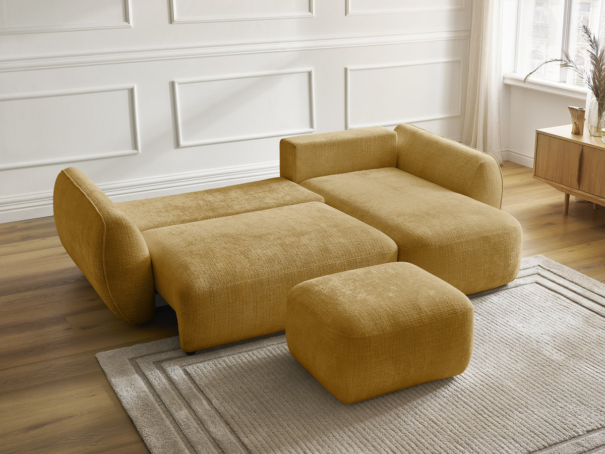 Bobochic Denise Ecksofa mit Schlaffunktion und Bettkasten und Pouf 258 × 160 cm Strukturstoff Gelb Ecke rechts