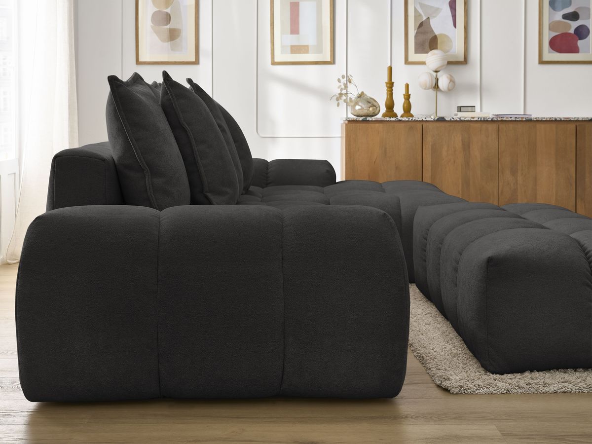 Bobochic Everest Ecksofa mit Schlaffunktion und Bettkasten und Pouf 318 × 180 cm, 7 Kissen Strukturstoff Schwarz Ecke rechts