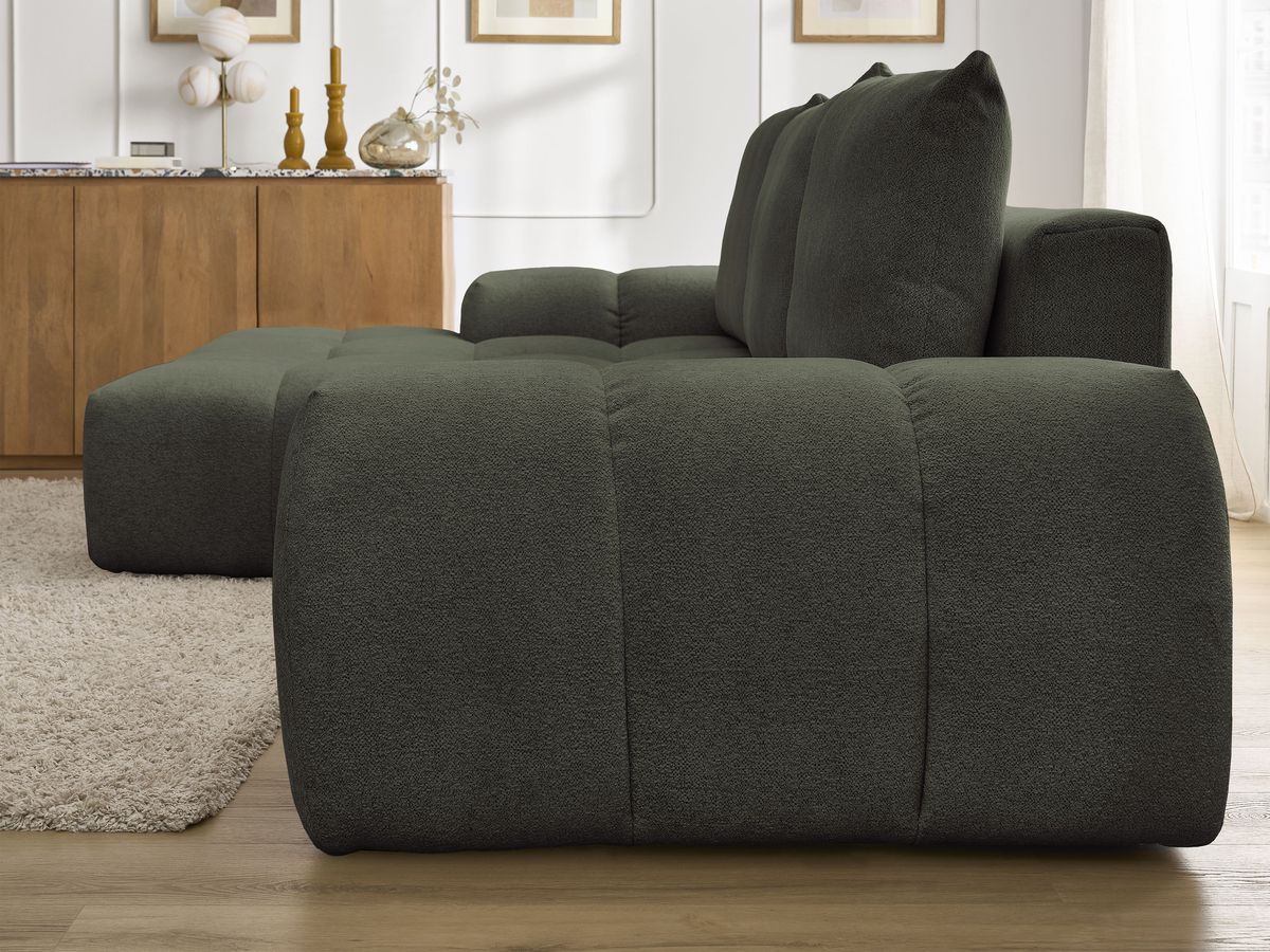 Bobochic Everest Ecksofa mit Schlaffunktion und Bettkasten 318 × 180 cm, 3 Kissen Melange-Stoff Grün Ecke links