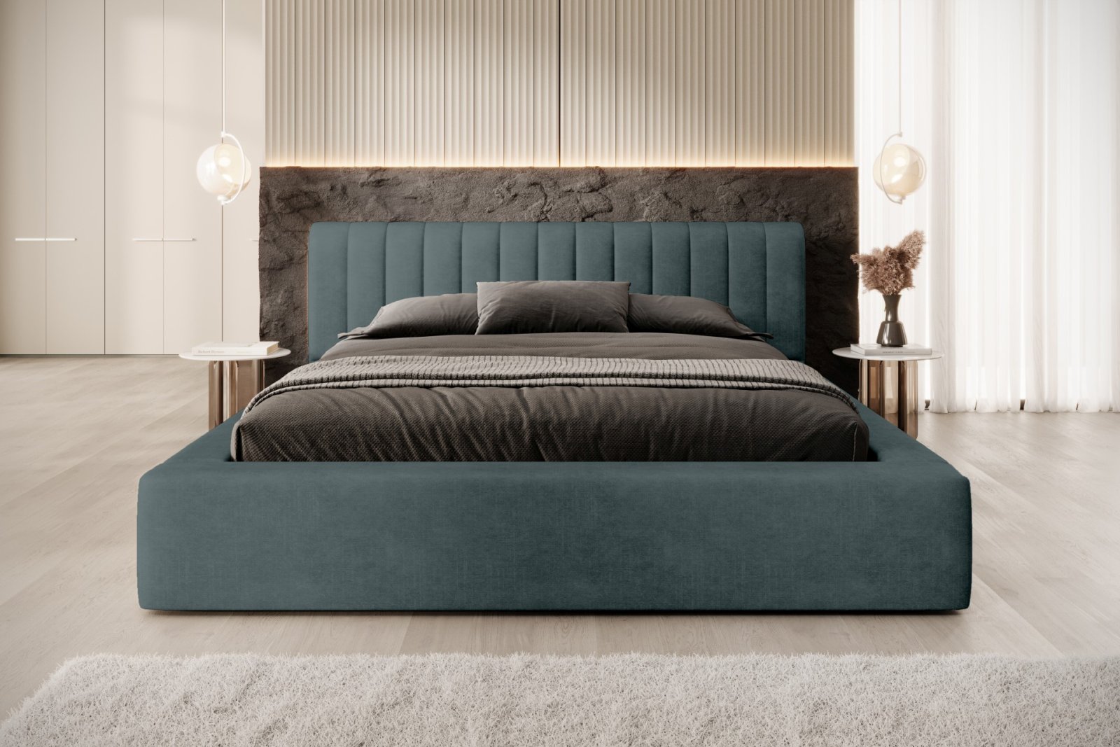 Polsterbett Faroa Samtstoff 180x200 mit Holzrahmen Macau Emerald