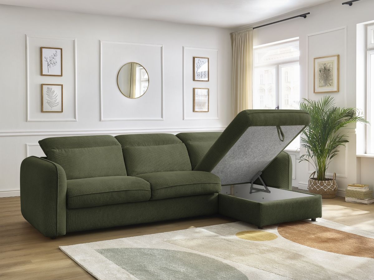 Bobochic Achille Ecksofa mit Schlaffunktion und Bettkasten Melange-Stoff Grün, Liegefläche 140 × 200 cm