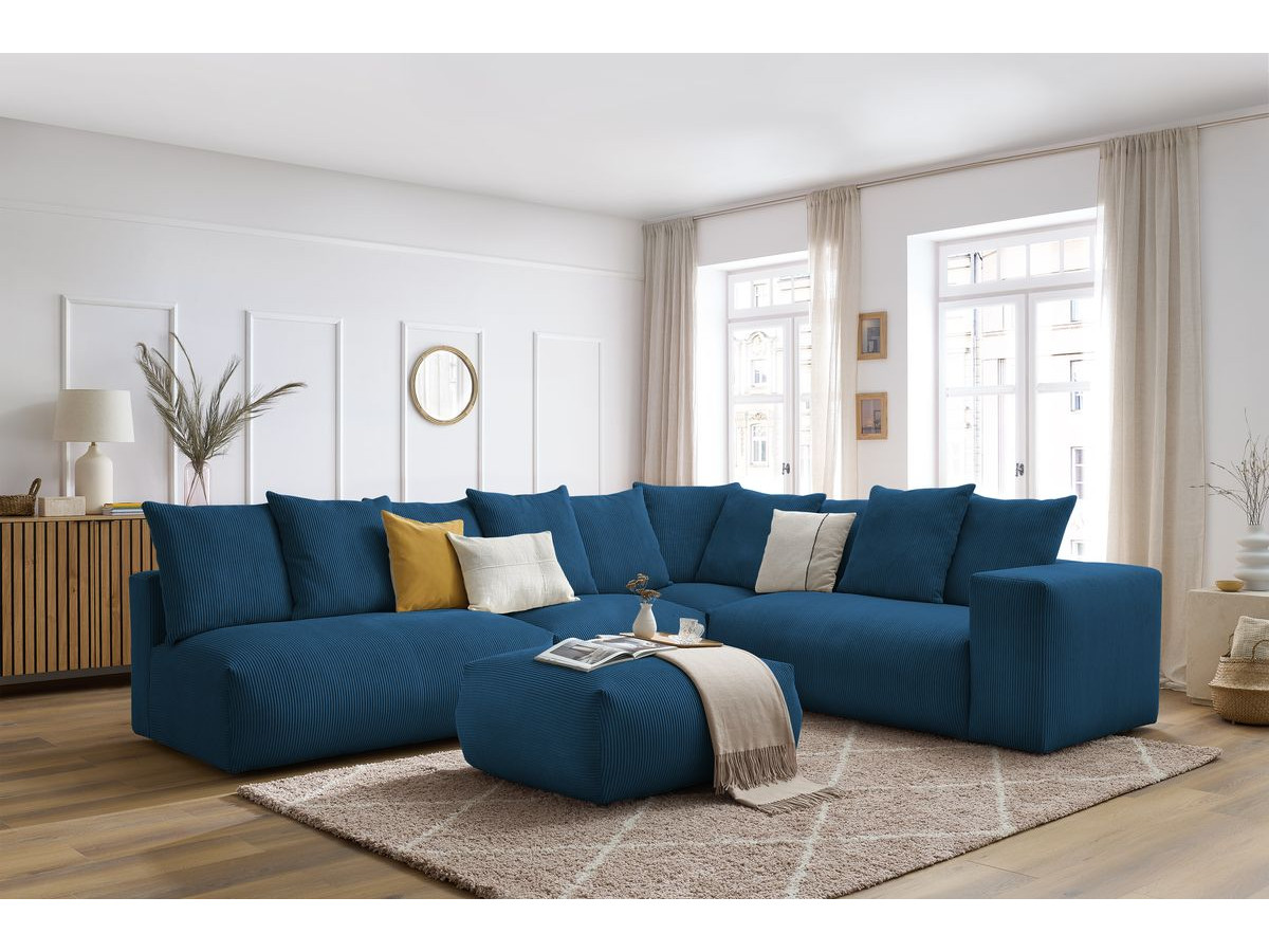 Bobochic Voltaire Ecksofa mit Pouf 322 × 268 cm Cordsamt Dunkelblau Ecke rechts