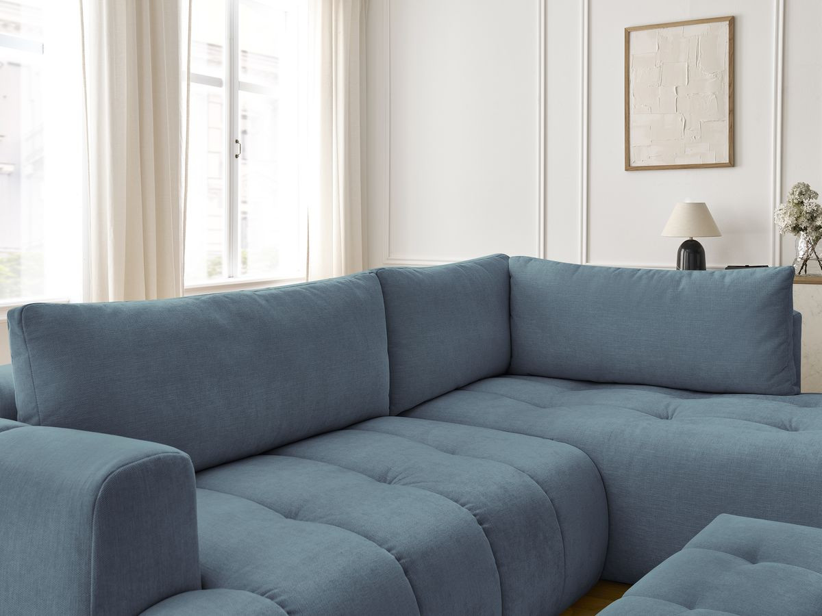 Bobochic Fuji Ecksofa mit Schlaffunktion und Bettkasten und Pouf 282 × 204 cm Stoff Hellblau Ecke rechts