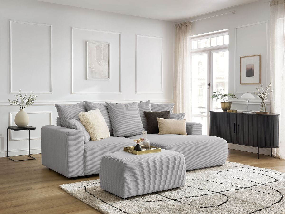 Bobochic Atilla Ecksofa mit Schlaffunktion und Bettkasten und Pouf Cordsamt Hellgrau Ecke rechts