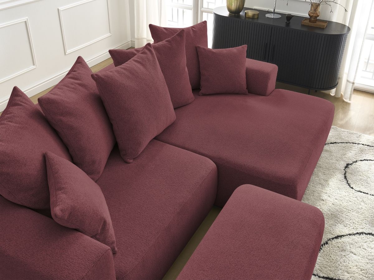Bobochic Atilla Ecksofa mit Schlaffunktion und Bettkasten und Pouf Melange-Stoff Rot Ecke rechts