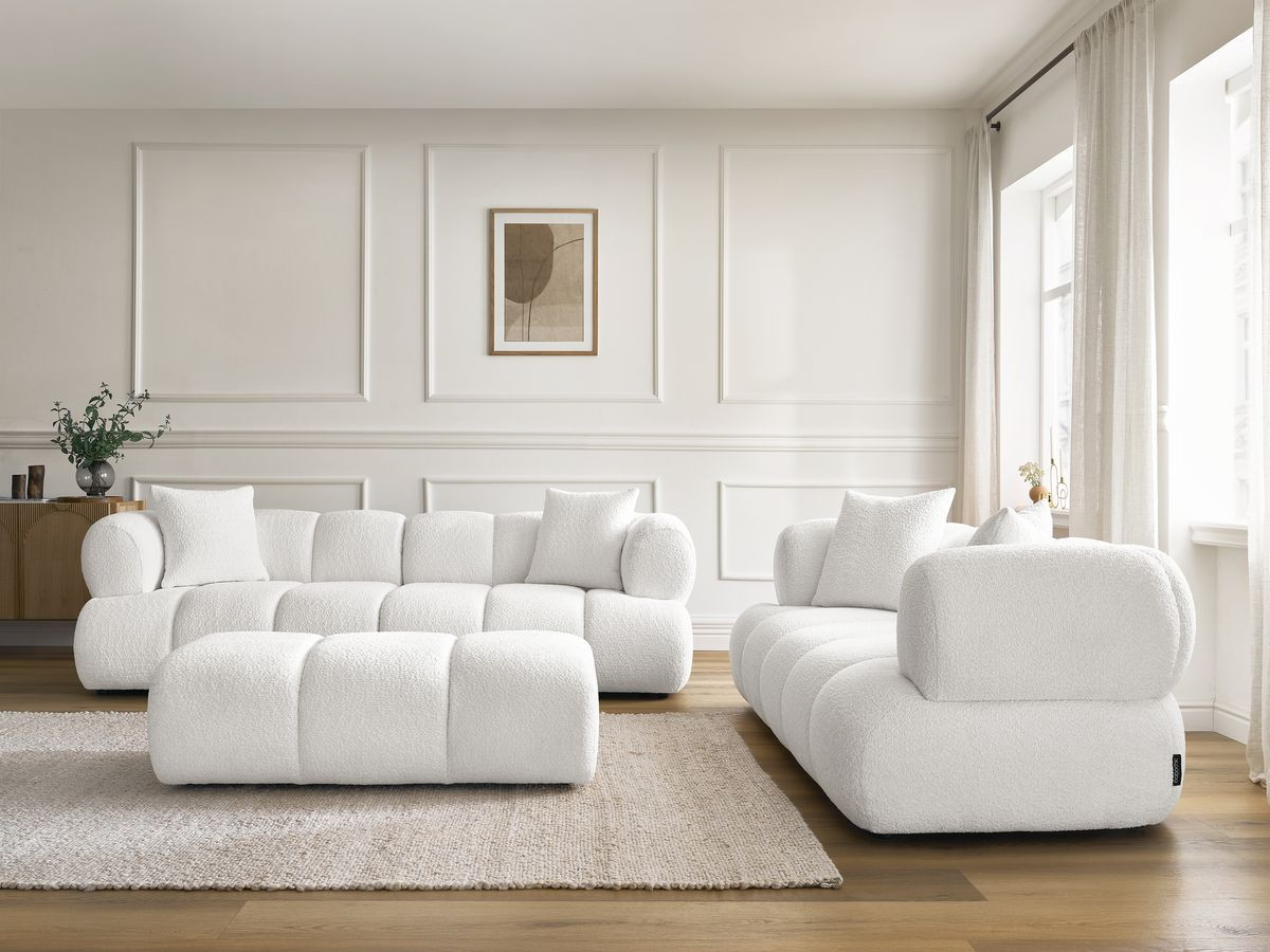 Bobochic Pamira Sofa 5-Sitzer mit Pouf Bouclé-Stoff Weiß