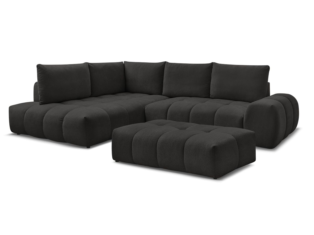 Bobochic Everest Ecksofa mit Schlaffunktion und Bettkasten und Pouf 320 × 212 cm, 5 Kissen Strukturstoff Schwarz Ecke links