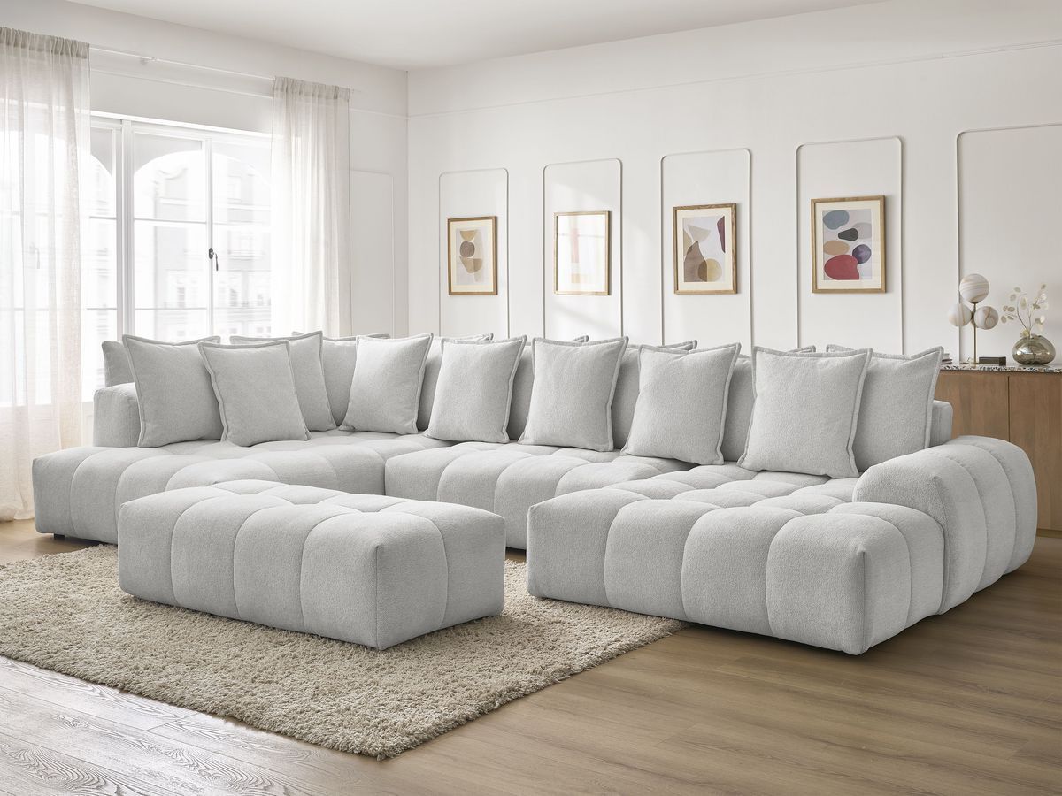 Bobochic Everest Wohnlandschaft mit Pouf, 14 Kissen Melange-Stoff Hellgrau Ecke rechts