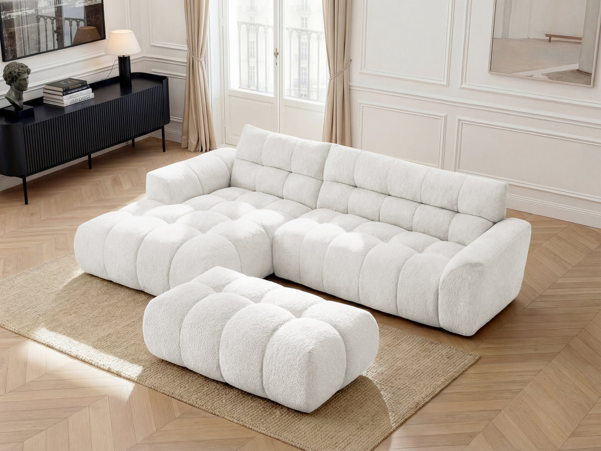 Bobochic Jaya Ecksofa mit Pouf Chenille Weiß Ecke links