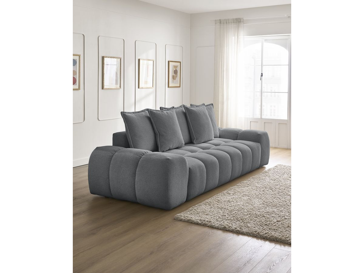 Bobochic Everest Schlafsofa 3-Sitzer mit Bettkasten, 5 Kissen Melange-Stoff Dunkelgrau