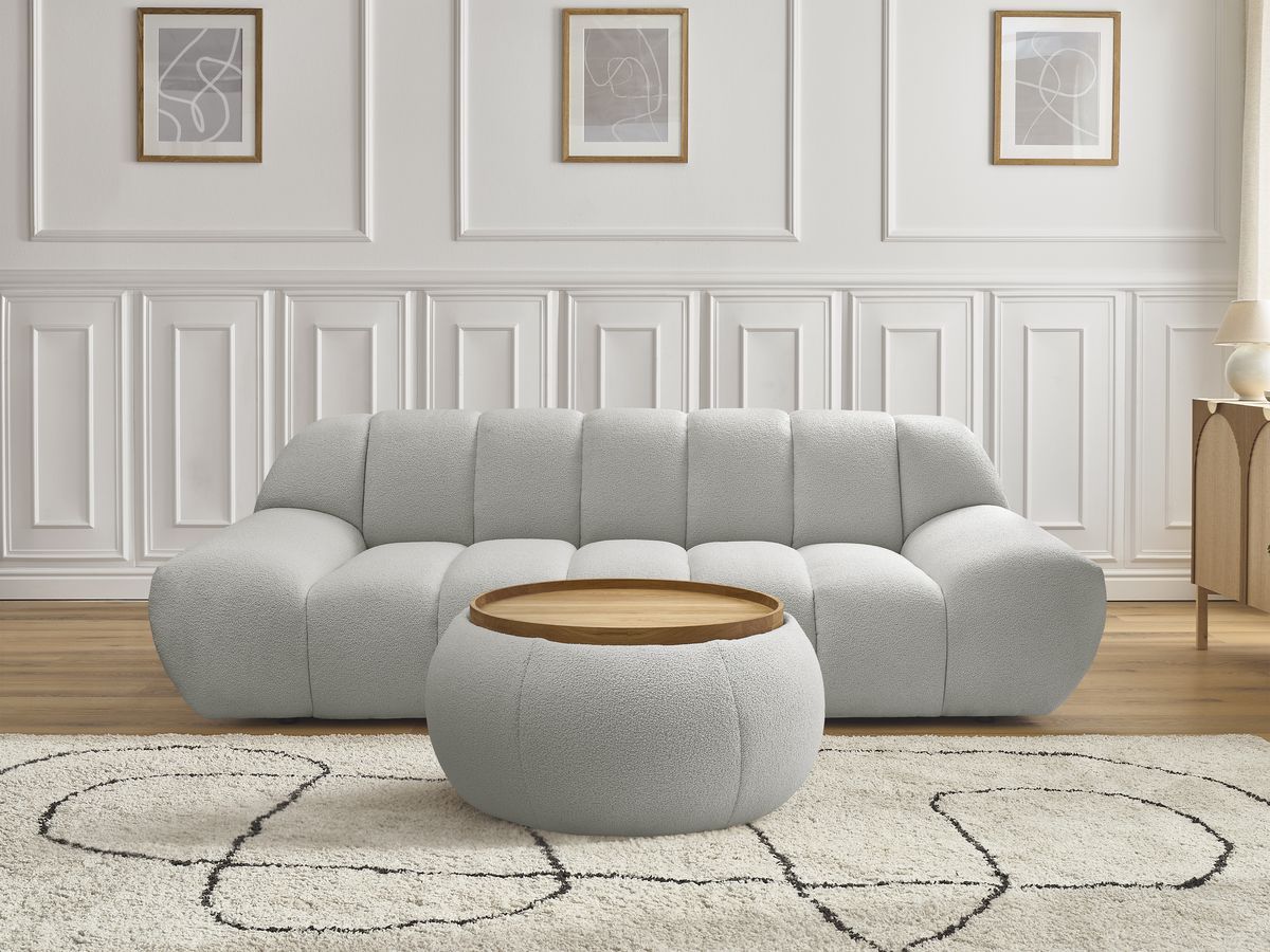 Bobochic Hayden Sofa 2-Sitzer mit Pouf Bouclé-Stoff Hellgrau