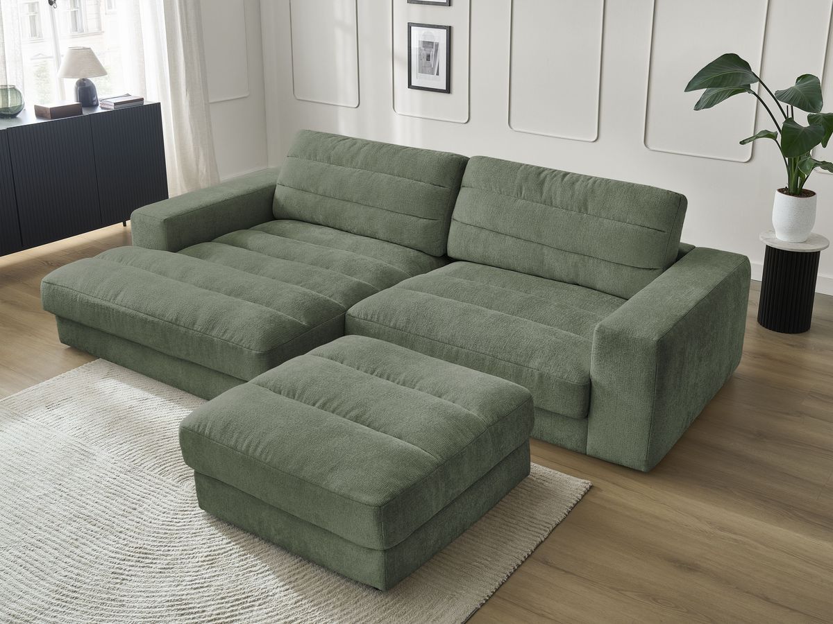 Bobochic Sierra Ecksofa mit Pouf Strukturstoff Dunkelgrün Ecke links