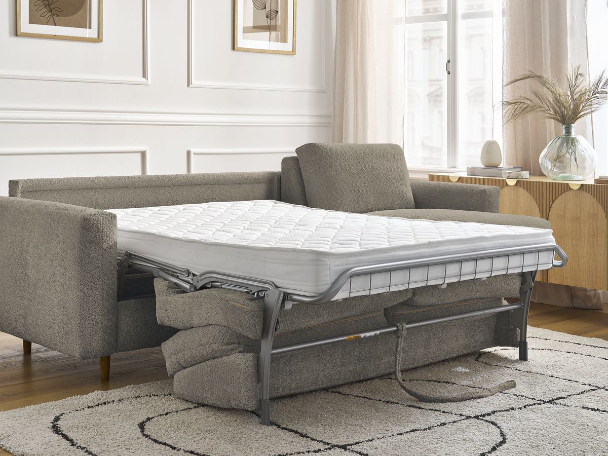 Bobochic Cocoone Ecksofa mit Schlaffunktion und Bettkasten Bouclé-Stoff Taupe, Liegefläche 160 × 200 cm
