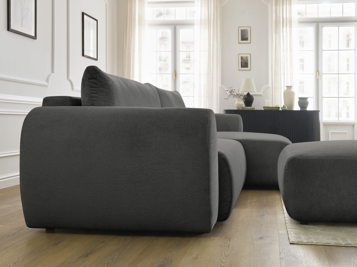 Bobochic Lucien Ecksofa mit Schlaffunktion und Bettkasten und Pouf 314 × 167 cm Stoff Dunkelgrau Ecke rechts