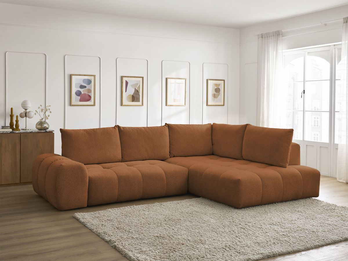 Bobochic Everest Ecksofa mit Schlaffunktion und Bettkasten 320 × 212 cm, 5 Kissen Melange-Stoff Orange Ecke rechts