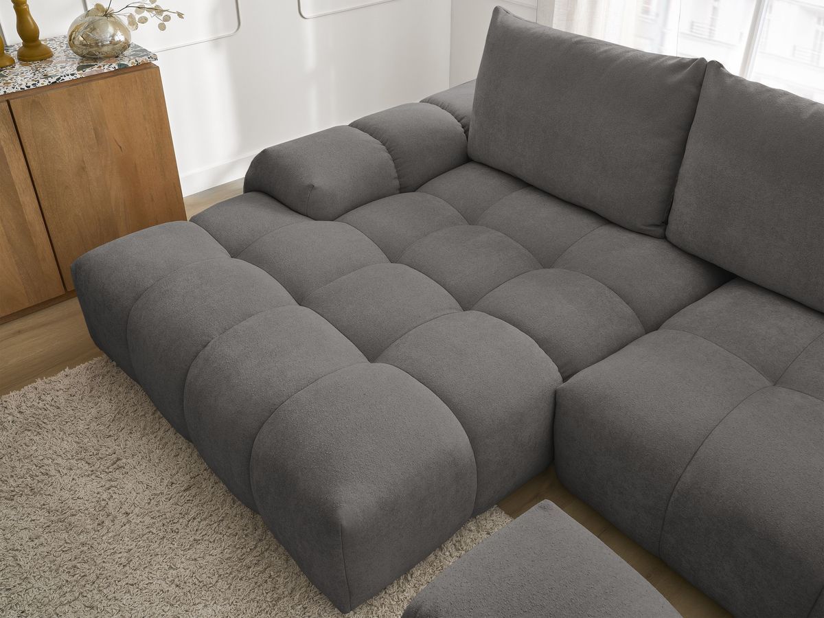 Bobochic Everest Ecksofa mit Schlaffunktion und Bettkasten und Pouf 318 × 180 cm, 3 Kissen Strukturstoff Dunkelgrau Ecke links