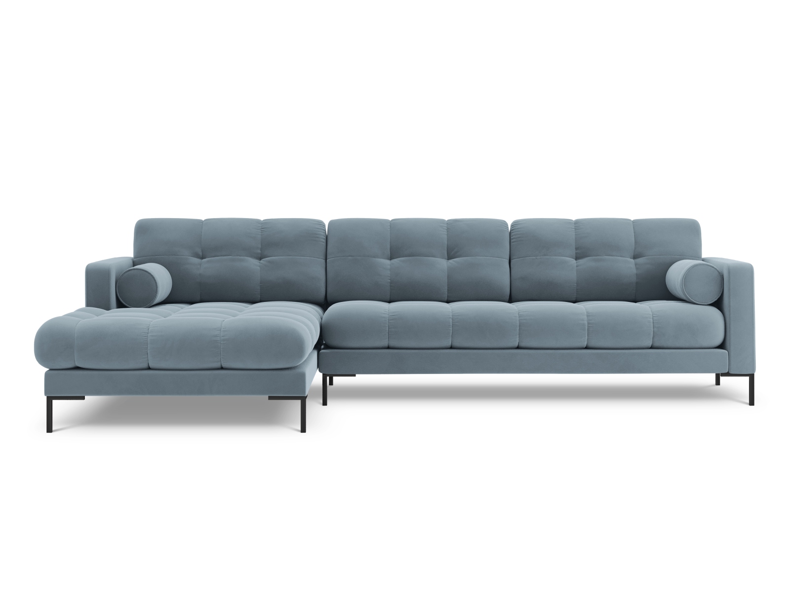 Cosmopolitan Design Ecksofa Bali 5-Sitzer Samt Bluvel Hellblau Links Beine Schwarzes Metall
