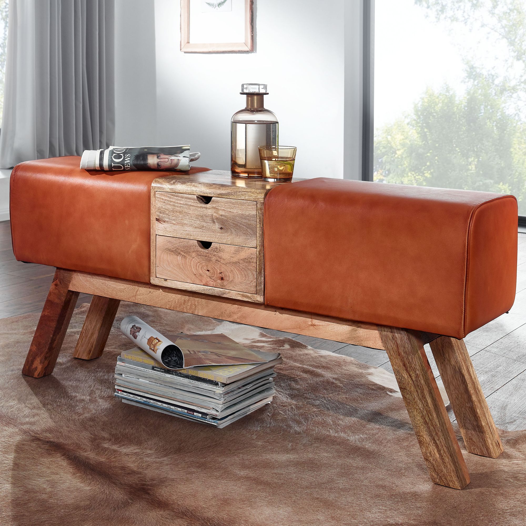 Sitzbank Hoffell Echtleder Braun 120 × 30 × 56 cm