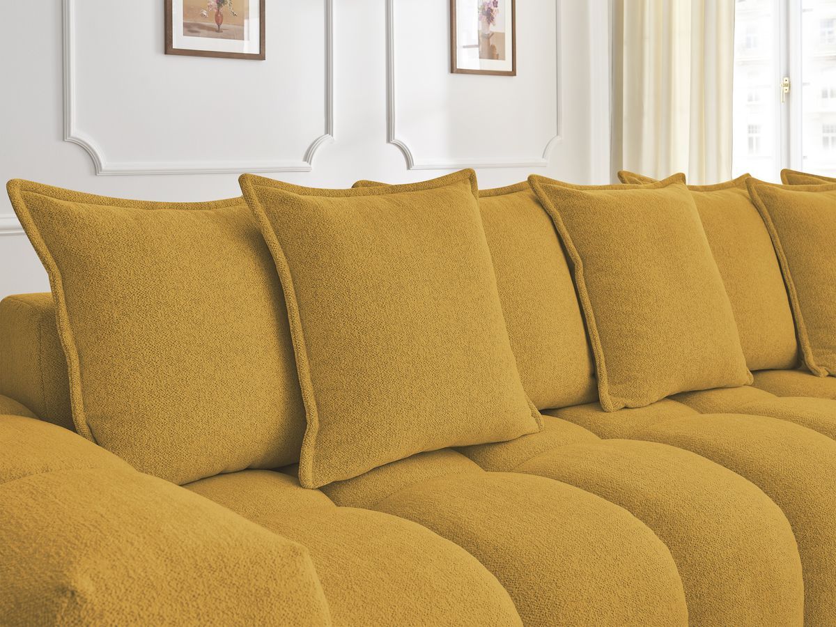 Bobochic Everest Ecksofa mit Schlaffunktion und Pouf, 10 Kissen Melange-Stoff Gelb Ecke rechts