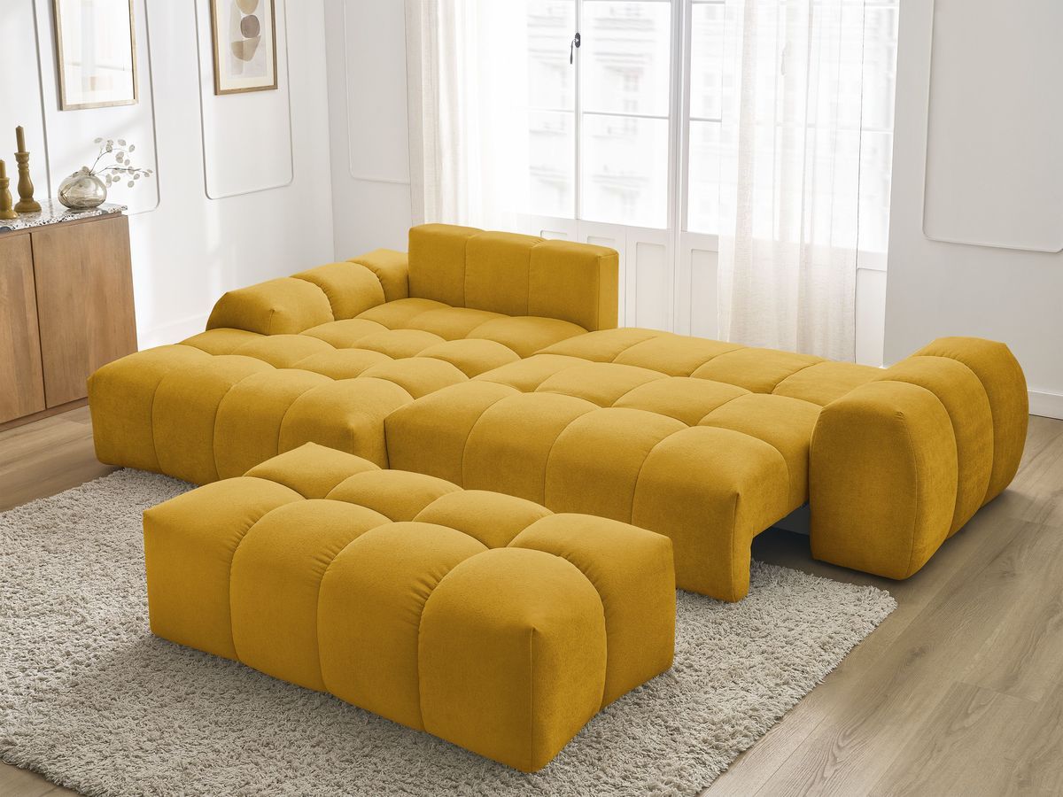 Bobochic Everest Ecksofa mit Schlaffunktion und Bettkasten und Pouf 318 × 180 cm, 7 Kissen Strukturstoff Gelb Ecke links