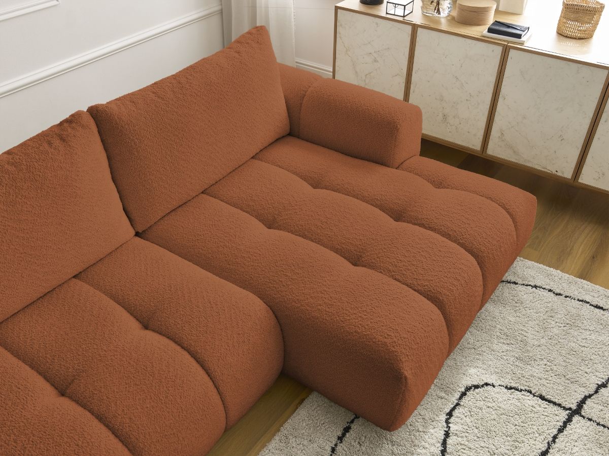 Bobochic Fuji Ecksofa mit Schlaffunktion und Bettkasten 292 × 160 cm Bouclé-Stoff Orange Ecke rechts