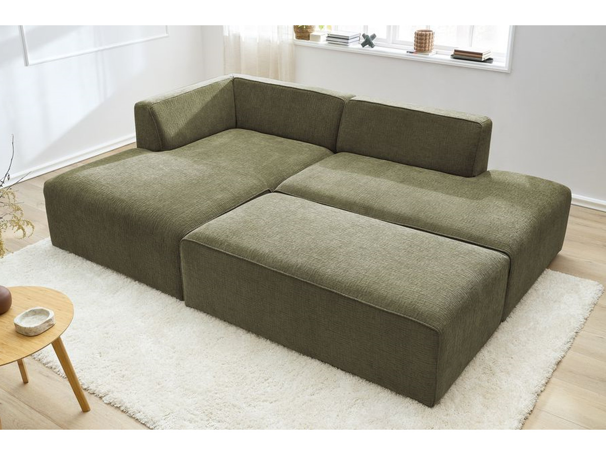 Bobochic Megeve Ecksofa mit Schlaffunktion und Pouf Strukturstoff Grün Ecke links
