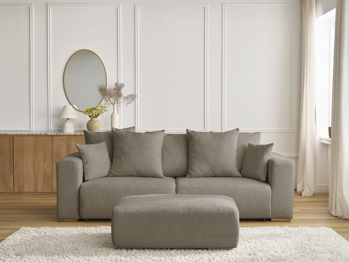 Bobochic Sidonie Schlafsofa 4-Sitzer mit Bettkasten und Pouf Melange-Stoff Taupe