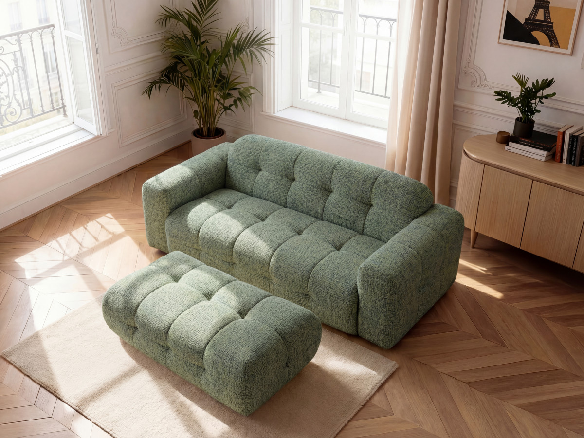 Bobochic Laura Sofa 3-Sitzer mit großem Pouf Melange-Stoff Hellgrün