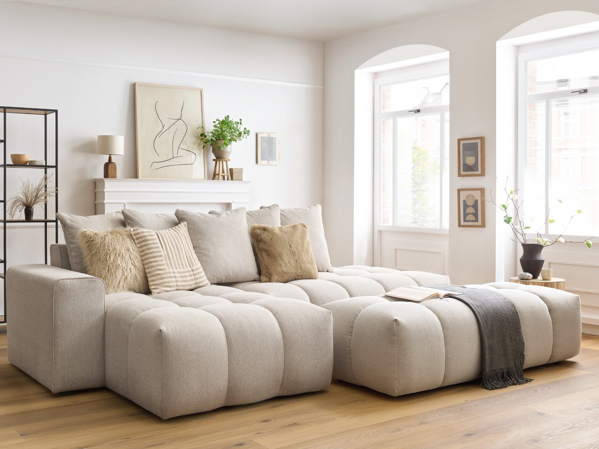 Bobochic Mont-blanc Ecksofa mit Pouf Melange-Stoff Beige Ecke links