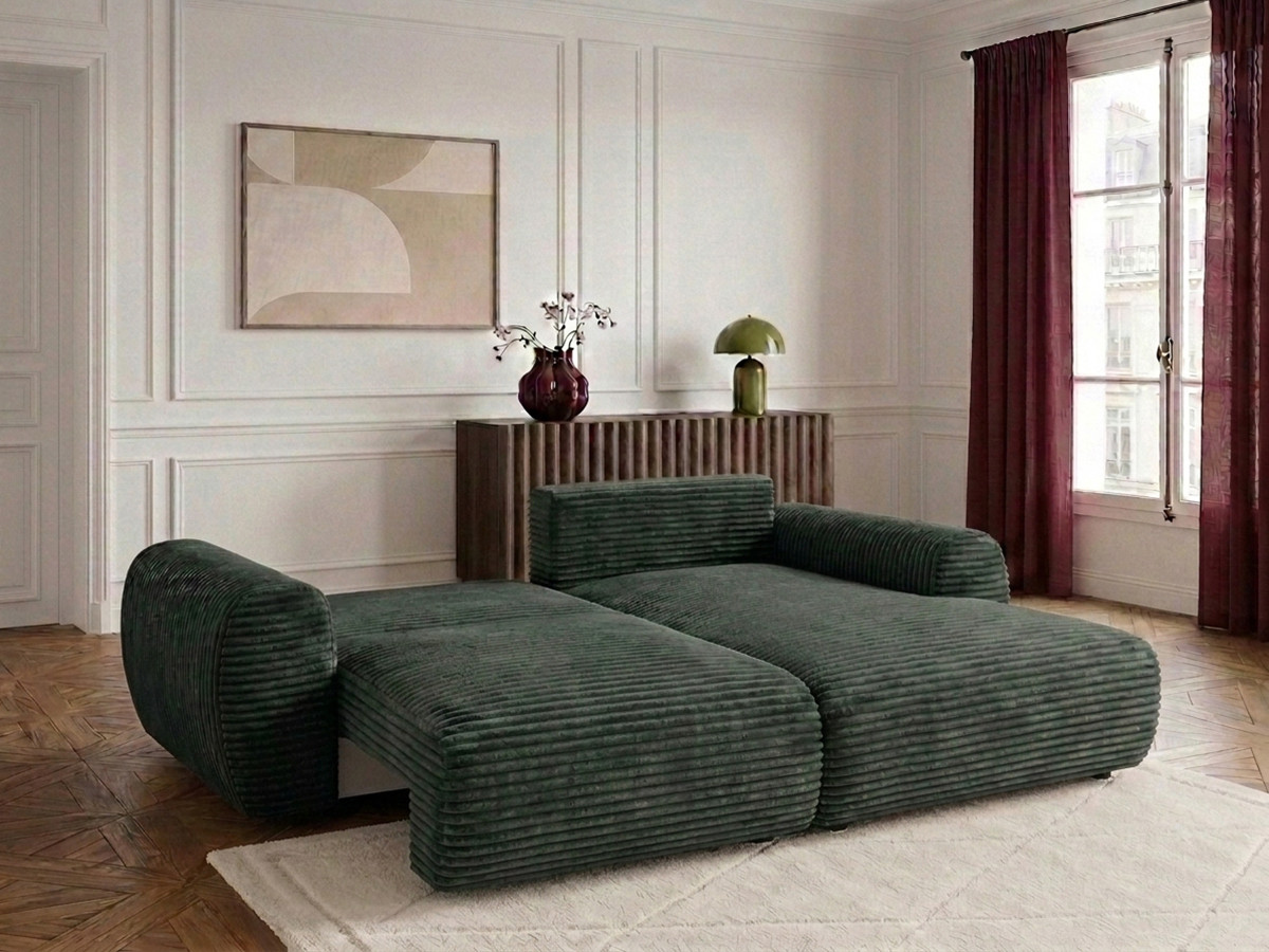 Bobochic Lucien Ecksofa mit Schlaffunktion und Bettkasten Breitcord weich Grün Ecke rechts