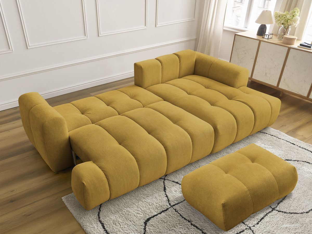 Bobochic Fuji Ecksofa mit Schlaffunktion und Bettkasten und Pouf 292 × 160 cm Stoff Gelb Ecke rechts