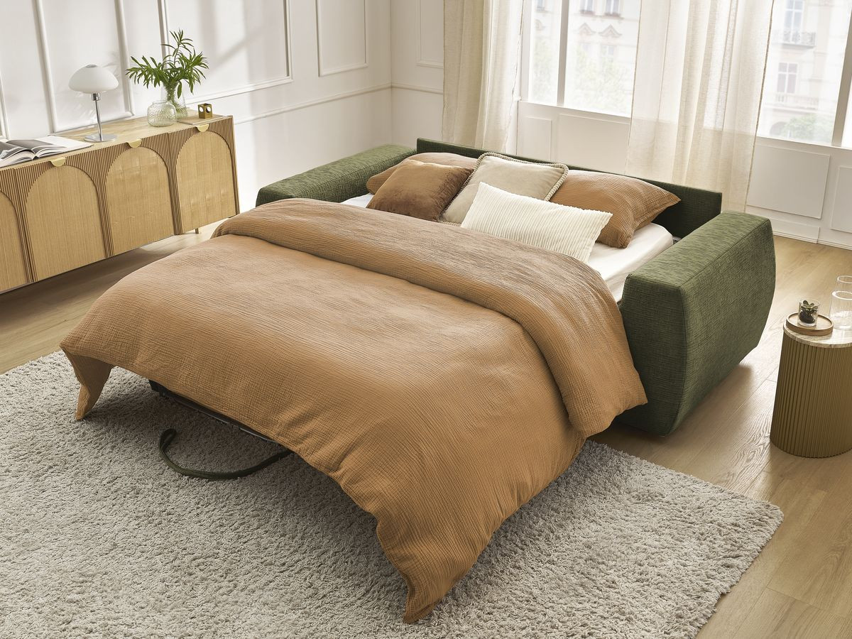 Bobochic Hugo Schlafsofa 3-Sitzer Strukturstoff Grün, Liegefläche 160 × 190 cm