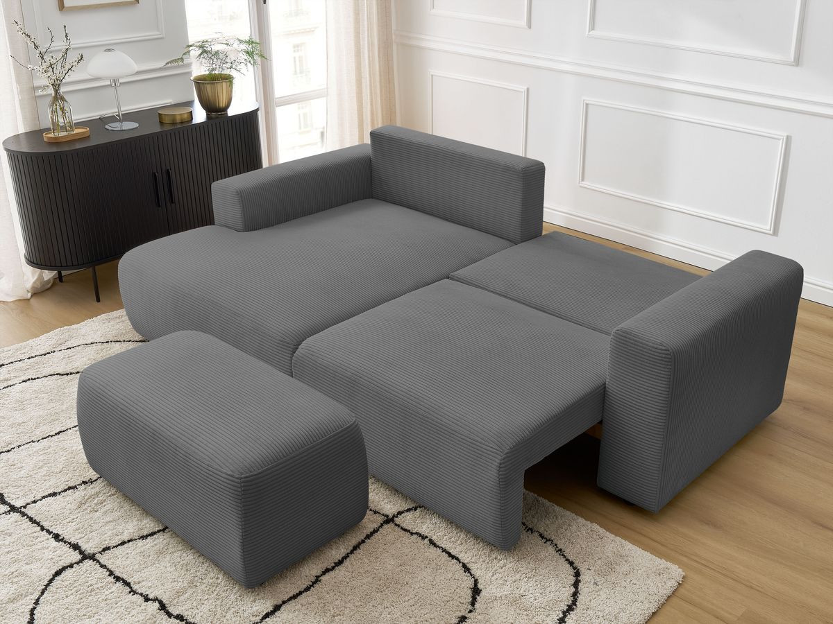 Bobochic Atilla Ecksofa mit Schlaffunktion und Bettkasten und Pouf Cordsamt Dunkelgrau Ecke links