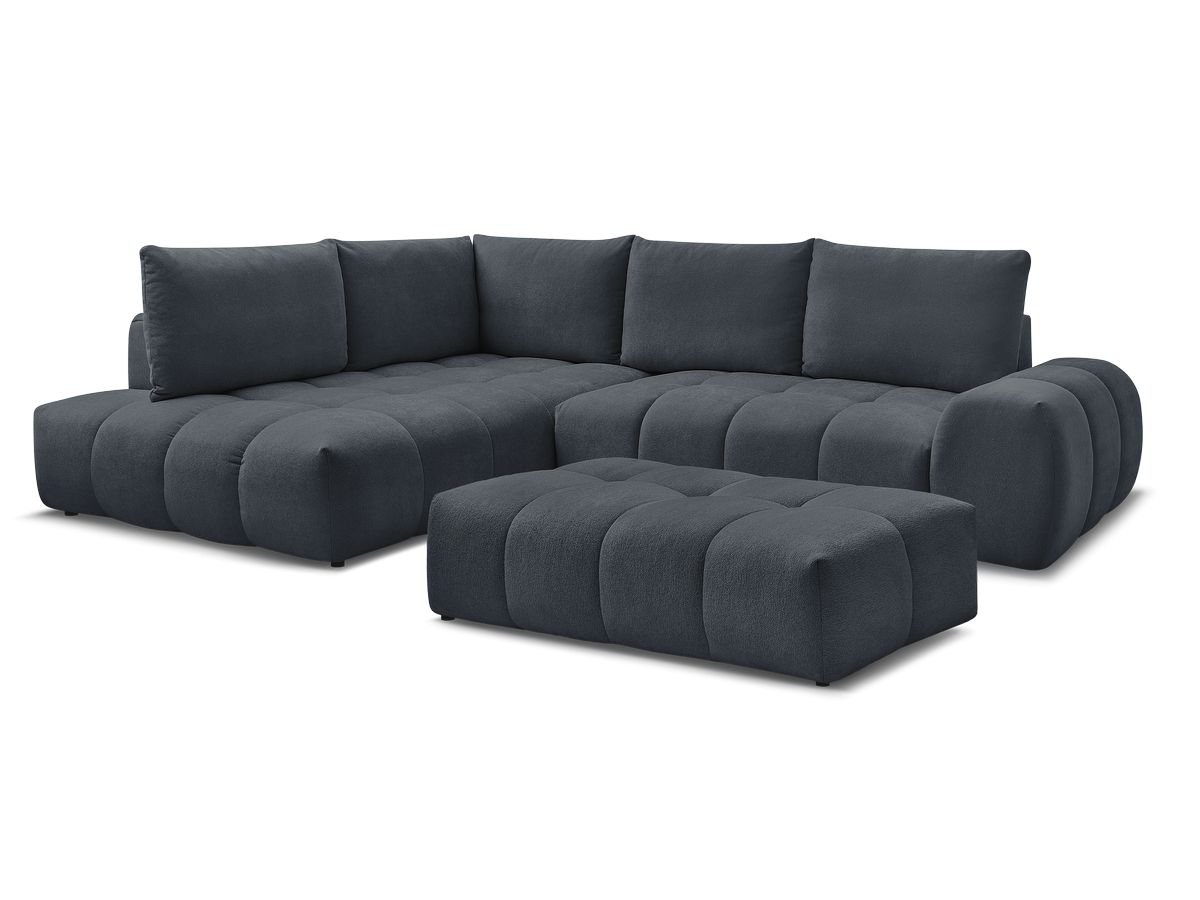 Bobochic Everest Ecksofa mit Schlaffunktion und Bettkasten und Pouf 320 × 212 cm, 5 Kissen Strukturstoff Dunkelblau Ecke links
