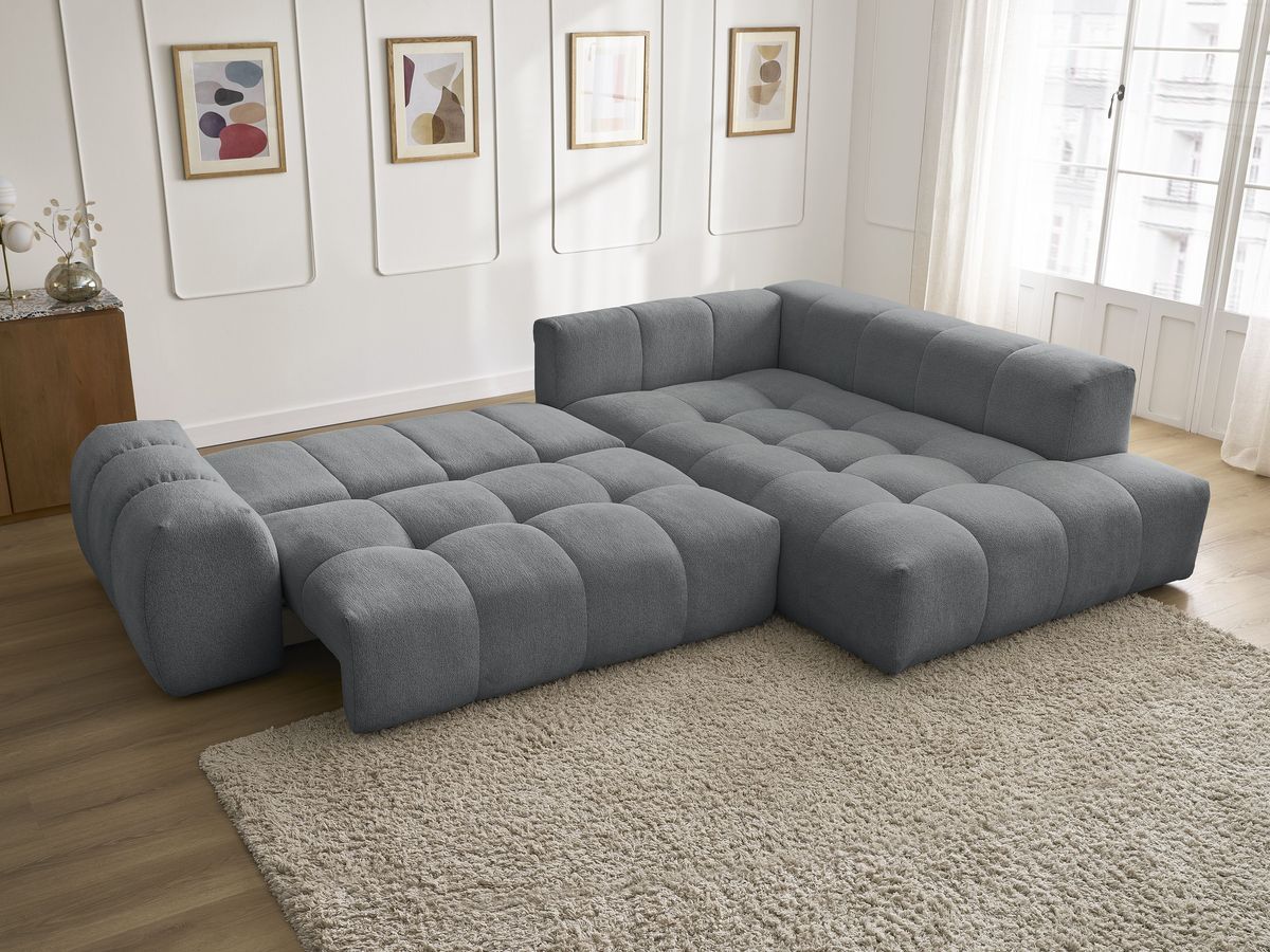 Bobochic Everest Ecksofa mit Schlaffunktion und Bettkasten 320 × 212 cm, 5 Kissen Melange-Stoff Dunkelgrau Ecke rechts