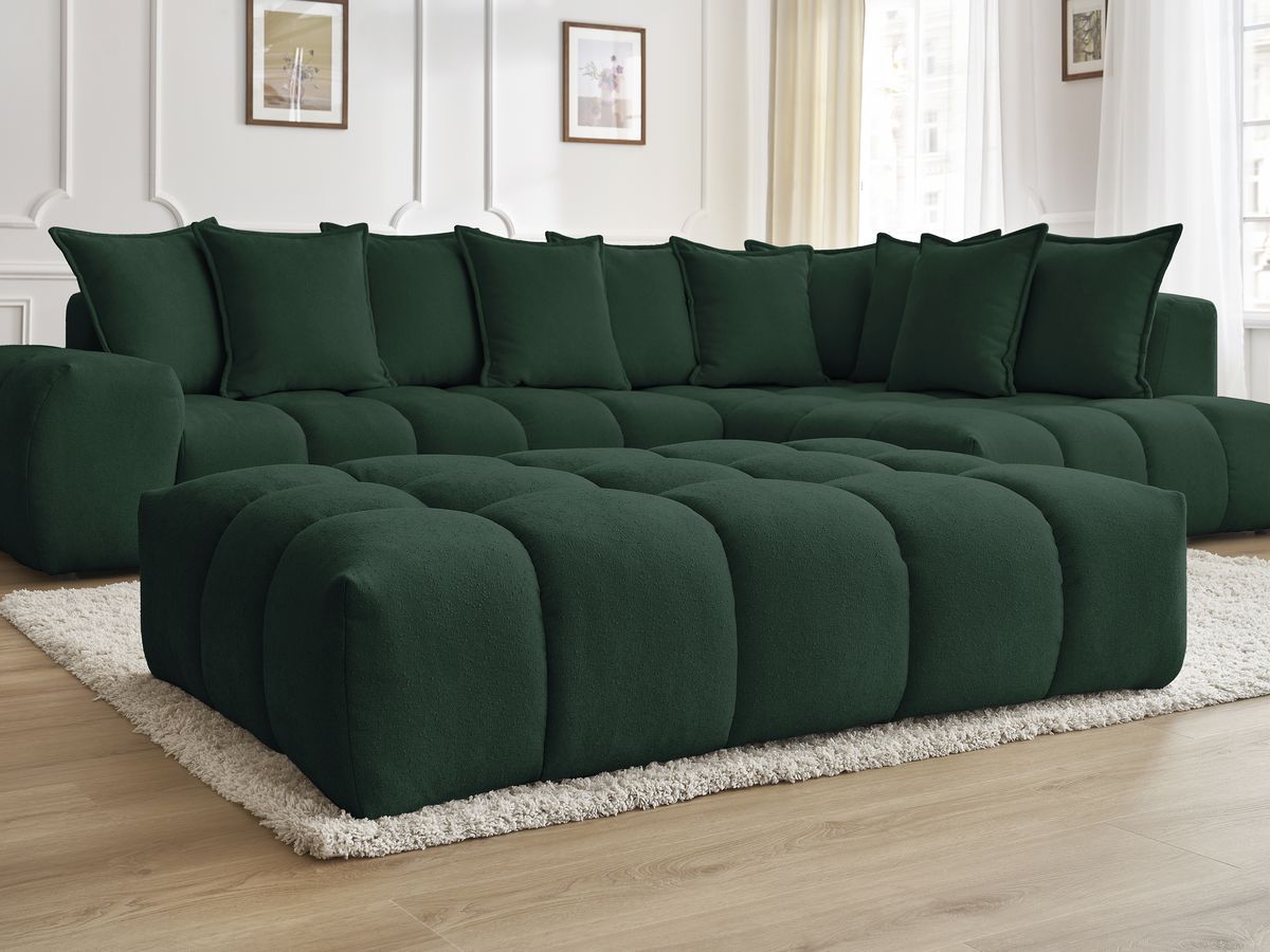 Bobochic Everest Ecksofa mit Schlaffunktion und Pouf, 10 Kissen Strukturstoff Grün Ecke rechts
