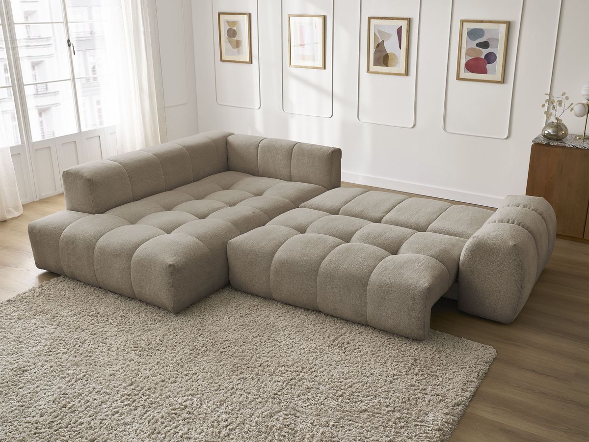 Bobochic Everest Ecksofa mit Schlaffunktion und Bettkasten 320 × 212 cm, 10 Kissen Melange-Stoff Taupe Ecke links